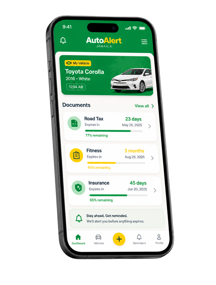Auto Alert Jamaica.com app showing Registration, Fitness and Insurance expiry reminders